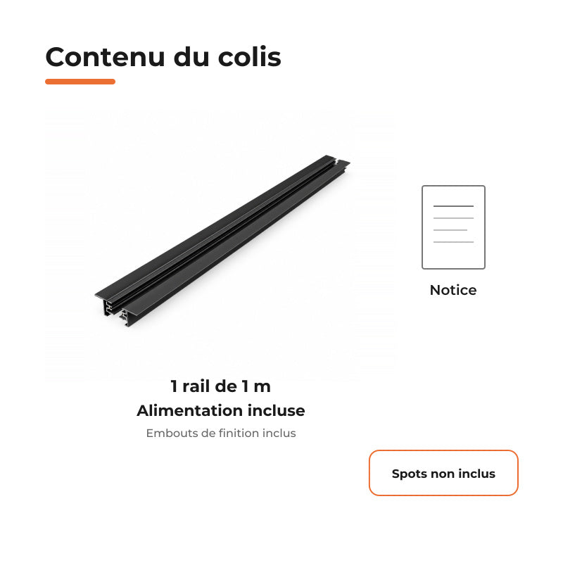 Rail Encastrable Monophasé Plat 1m Noir