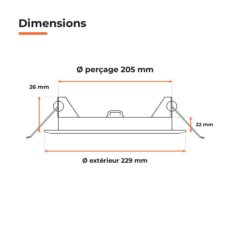 Downlight Dalle LED Ronde Ø229mm 18W Dimmable Blanc CCT - Pack de 10 – dimensions