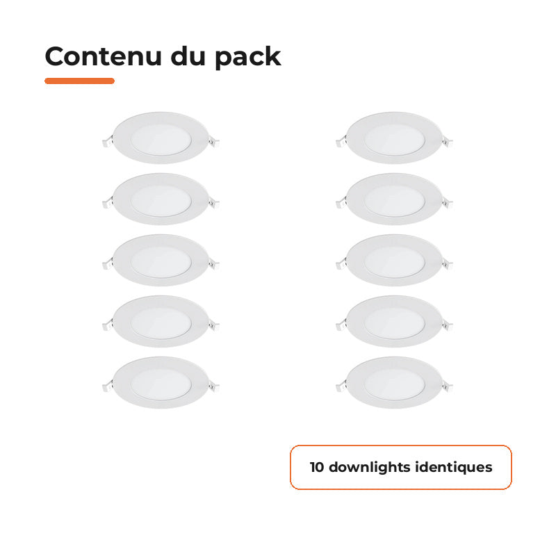 Downlight Dalle LED Ronde Ø146mm 9W Blanc CCT - Pack de 10 – contenu du colis