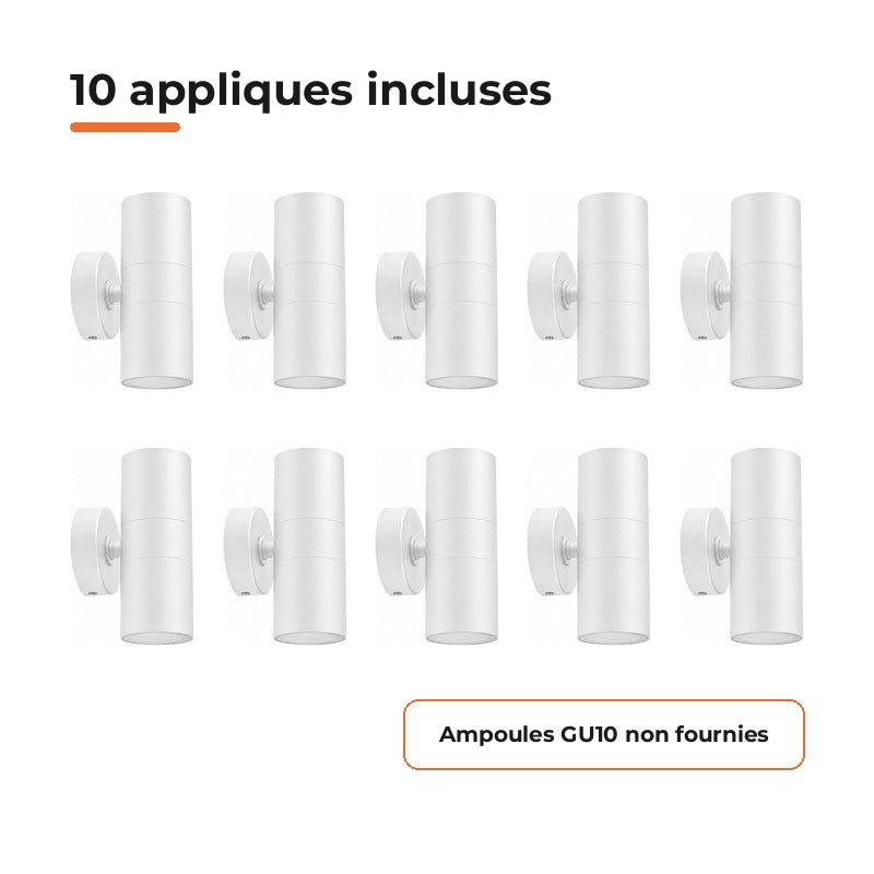 Applique Murale Blanche IP65 Double Faisceau GU10 - Pack de 10 – contenu du colis