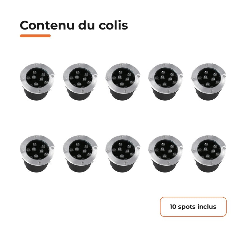Pack de 10 - Spot Extérieur Encastrable 9W IP67 220V Sol 30° Ø120 mm – contenu du colis