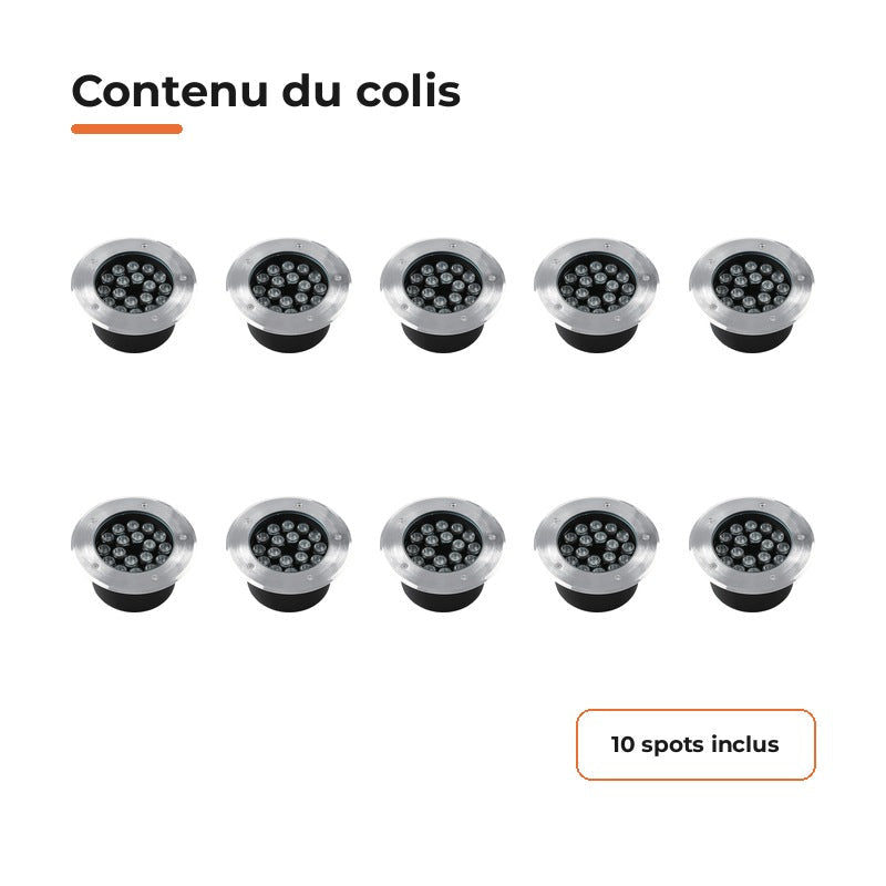 Pack de 10 - Spot Extérieur Encastrable 18W IP67 220V Sol 30° Ø180 mm – contenu du colis