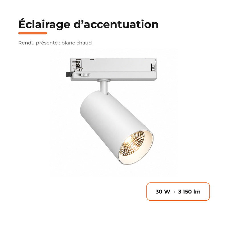 Pack de 10 - Spot LED sur Rail COB Triphasé 30W 36° Blanc - Garantie 5 ans
