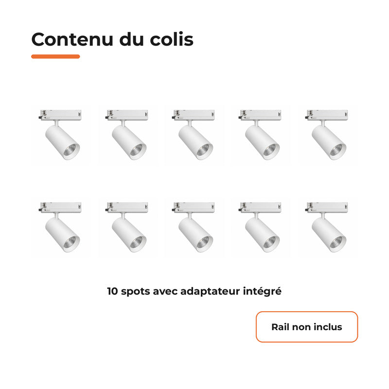 Pack de 10 - Spot LED sur Rail COB Triphasé 30W 36° Blanc - Garantie 5 ans