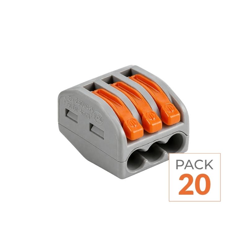 Pack de 20 - Borne de raccordement à levier 3 entrées avec serre câble