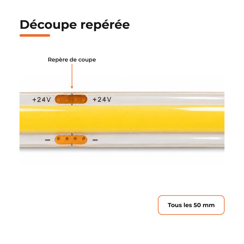 Ruban LED COB 5M 24V IP65 480LED/m 10W/m CRI90