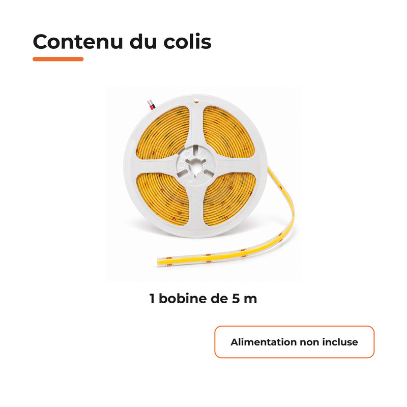 Ruban LED COB 5M 24V IP65 480LED/m 10W/m CRI90