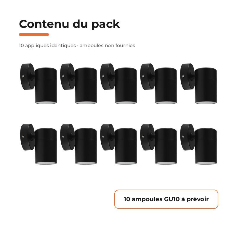Applique murale LED Noire IP65 GU10 - Pack de 10 - Silamp France