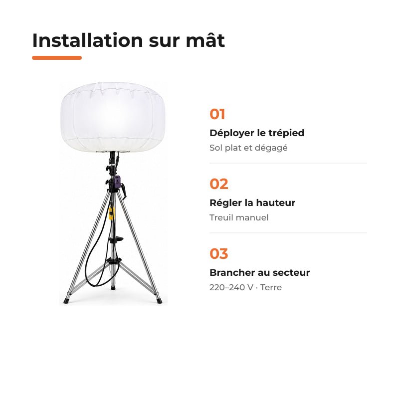Ballon Lumineux LED 800W 100000 lm sur Mât Télescopique 4,30m - Silamp France