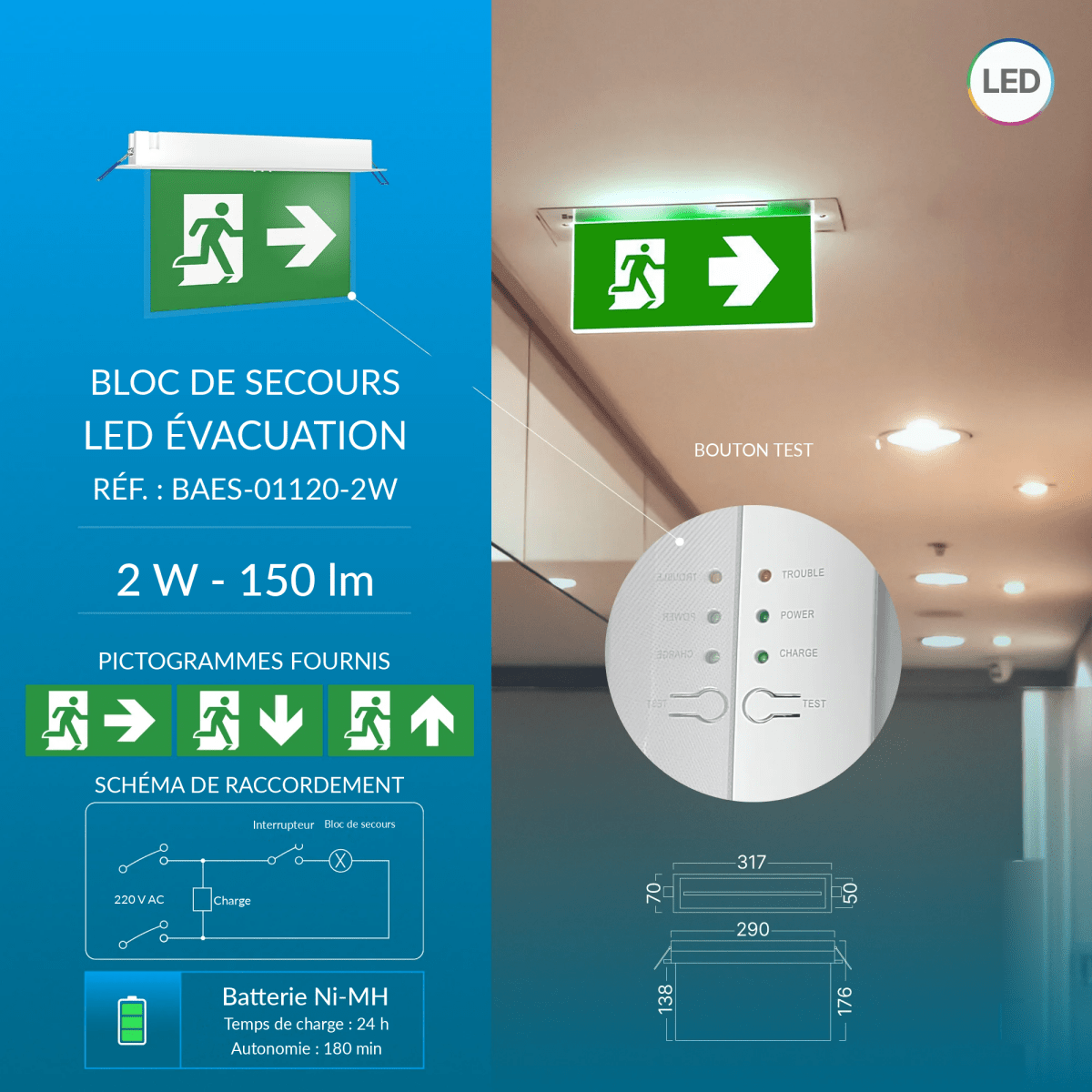 Bloc de Secours LED Encastré Évacuation 2W IP20 Blanc - Silamp France