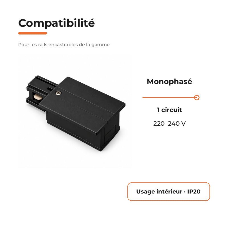 Connecteur d'Alimentation pour Rail Encastrable Monophasé Noir - Silamp France