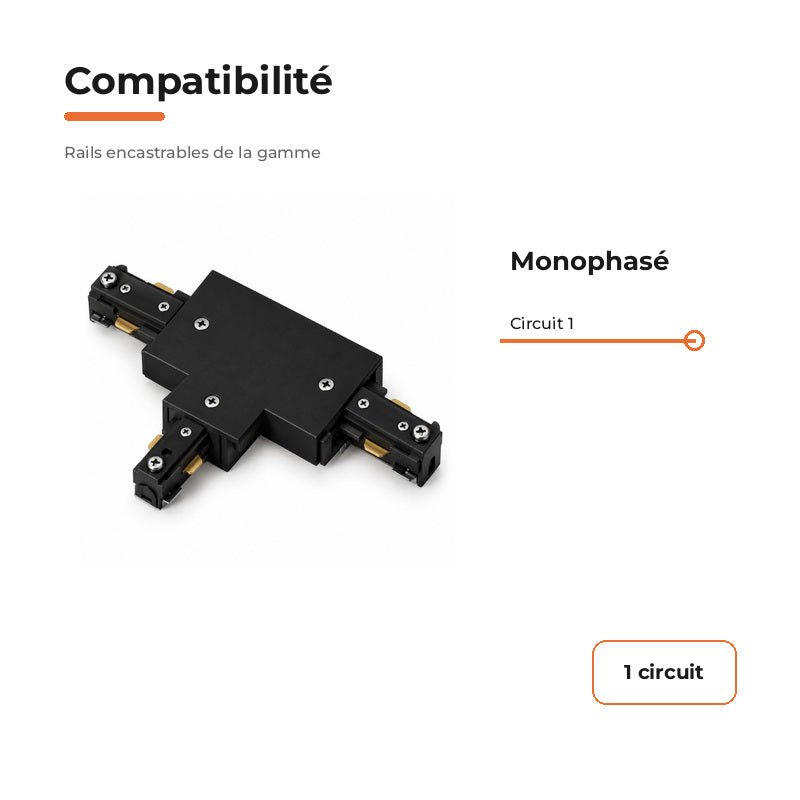 Connecteur T Rail Encastrable Monophasé Noir - Silamp France