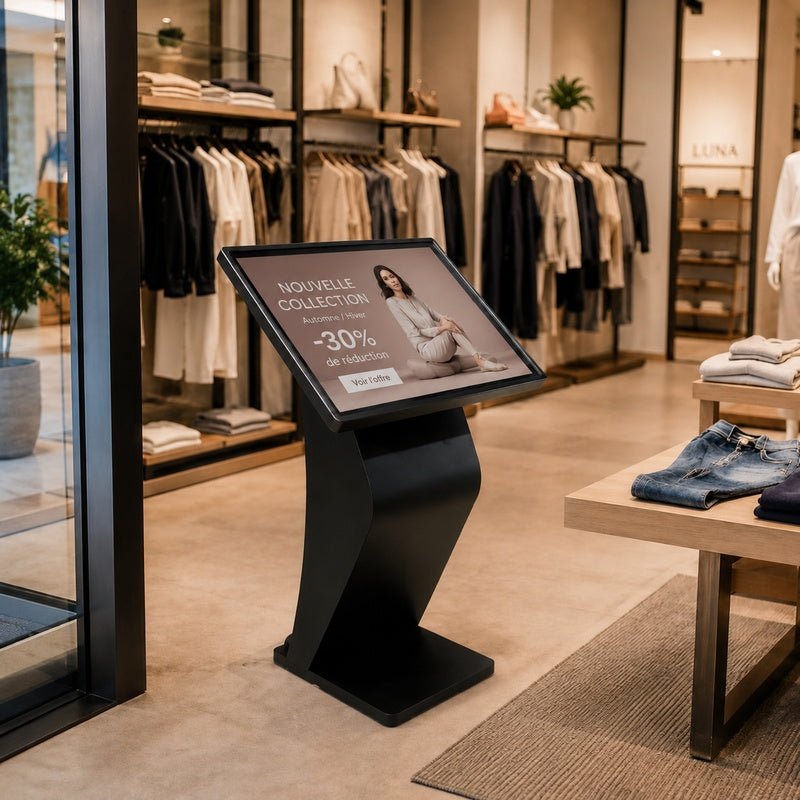 Écran Publicitaire Tactile 43" Horizontal Forme K Android 2K sur Pied - Commerces et Restaurants - Silamp France