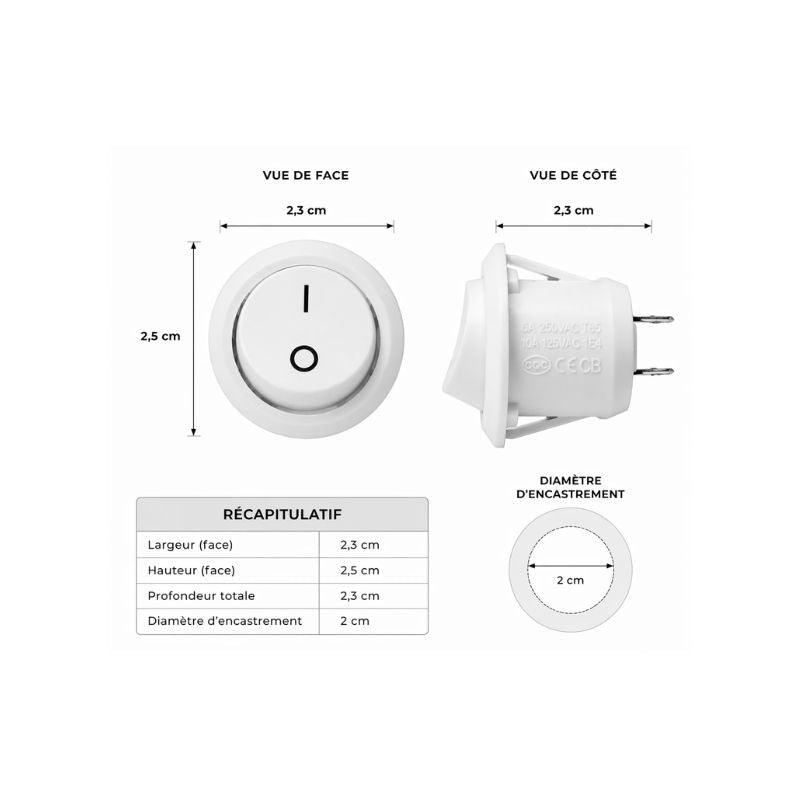 Interrupteur à Bascule Unipolaire On - Off 6.1A 250V - Blanc - Silamp France