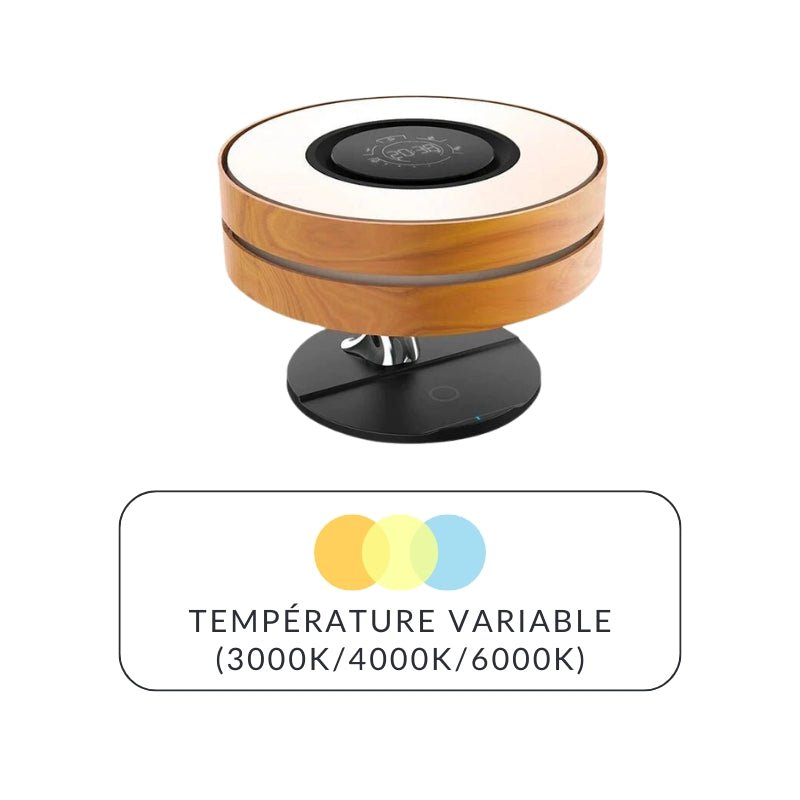 Lampe de Chevet Ronde "Horizon" avec Enceinte & Chargeur Sans fil - Dimmable Tactile - 3000K/4000K/6500K - Silamp France