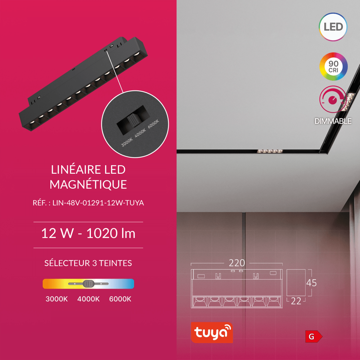 Linéaire Multi-Spots LED Connecté Tuya 22cm 12W pour Rail Magnétique 48V Noir - Silamp France