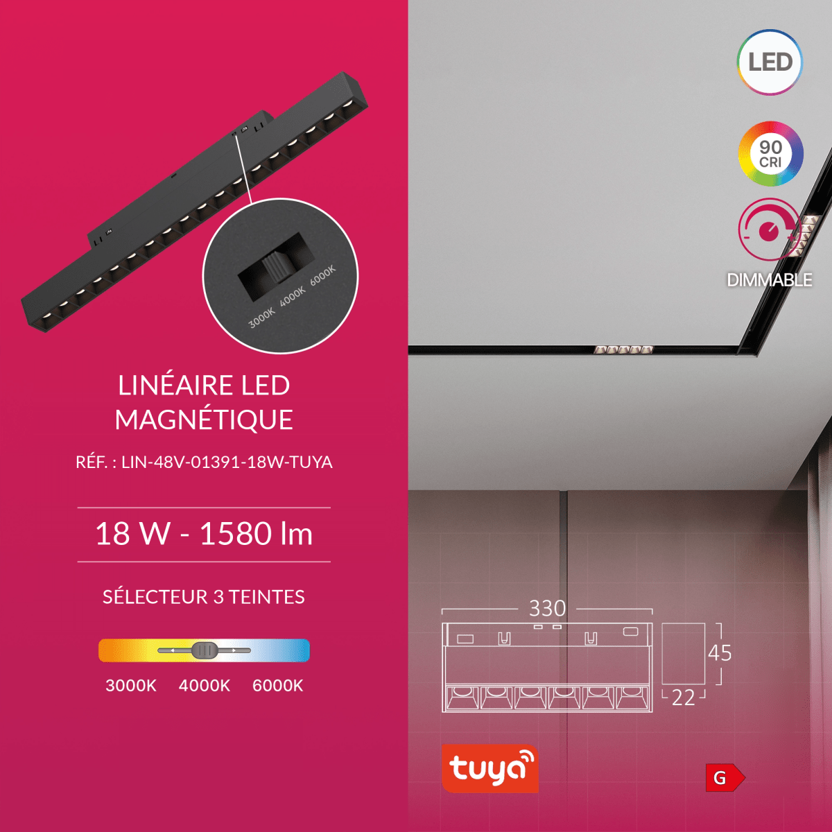 Linéaire Multi-Spots LED Connecté Tuya 33cm 18W pour Rail Magnétique 48V Noir - Silamp France