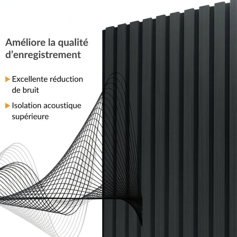Lot de 6 Panneaux Acoustiques Muraux Bois 240x60x2,2cm - Couleur Noir avec Fond Noir - Silamp France