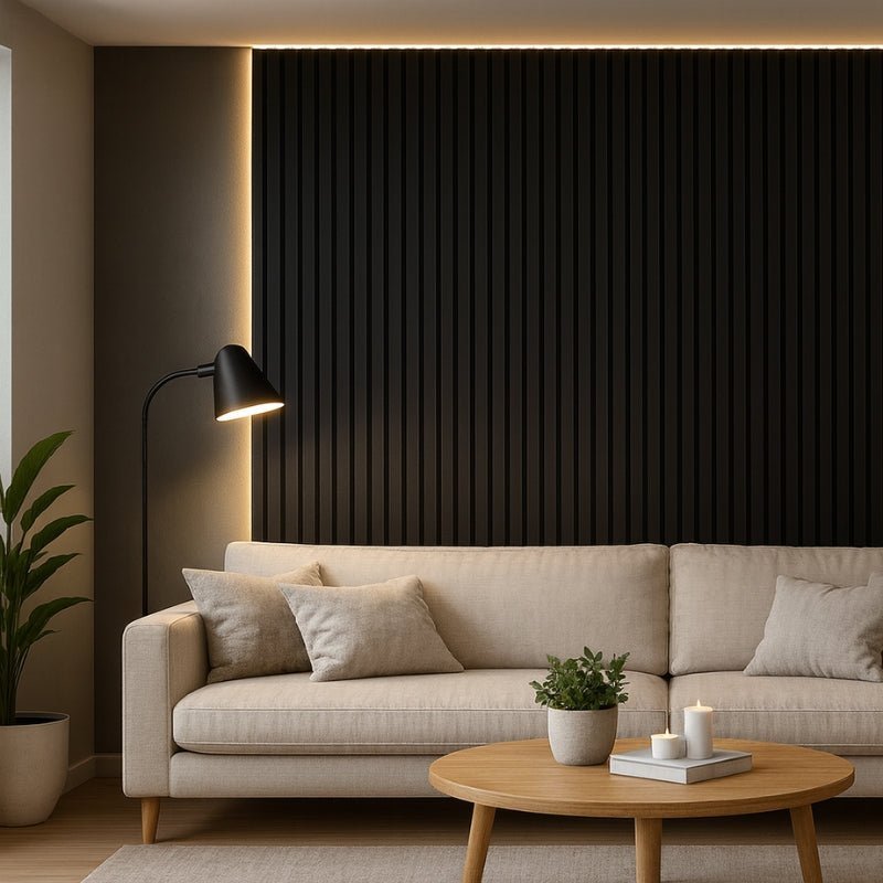 Lot de 8 Panneaux Acoustiques Muraux Bois 240x60x2,2cm - Couleur Noir avec Fond Noir - Silamp France