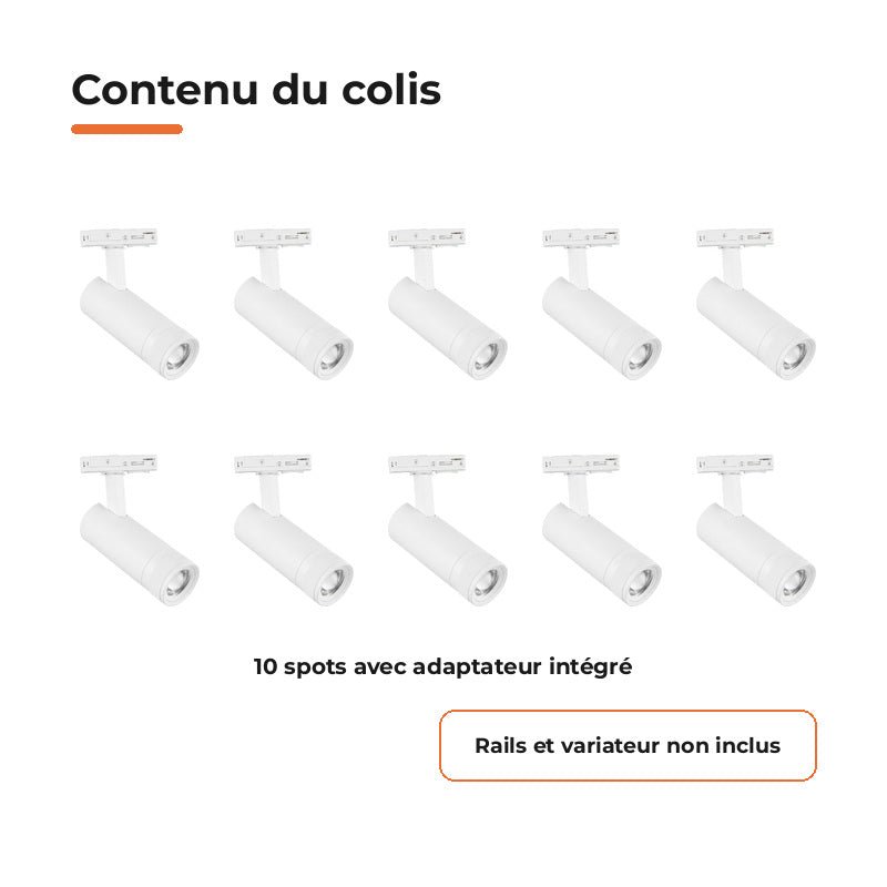 Pack de 10 - Spot LED sur Rail Blanc Angle Ajustable Monophasé 30W 15-60° CCT TRIAC Dimmable - Silamp France