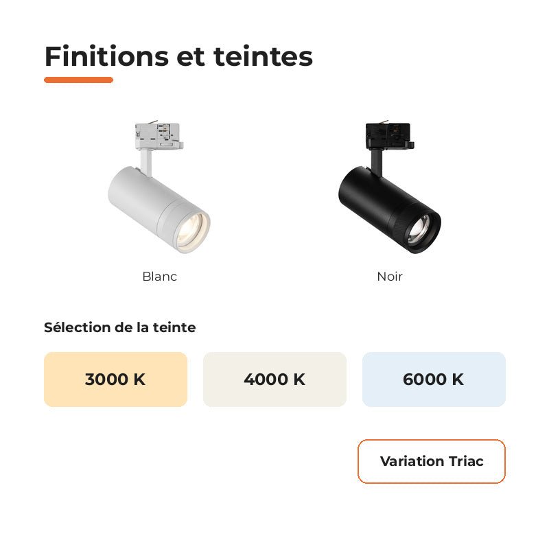 Pack de 10 - Spot LED sur Rail Blanc Angle Ajustable Triphasé 30W 15-60° CCT TRIAC Dimmable - Silamp France