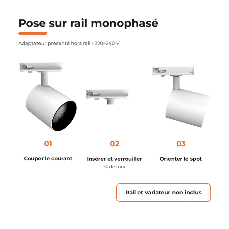 Pack de 10 - Spot LED sur Rail Blanc Monophasé 24W 36° TRIAC Dimmable - Silamp France