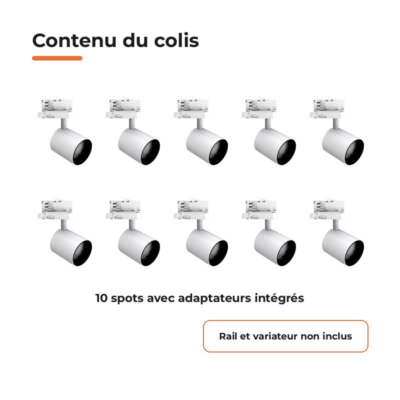 Pack de 10 - Spot LED sur Rail Blanc Triphasé 24W 36° TRIAC Dimmable - Silamp France