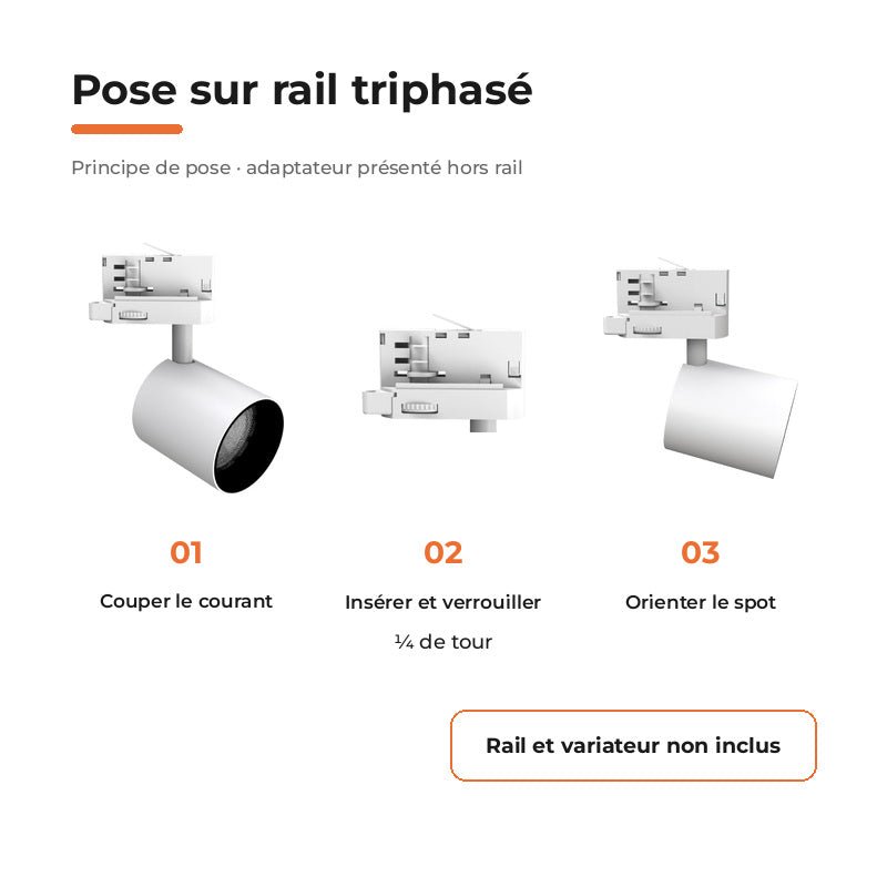Pack de 10 - Spot LED sur Rail Blanc Triphasé 24W 36° TRIAC Dimmable - Silamp France