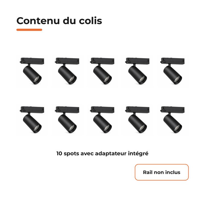 Pack de 10 - Spot LED sur Rail COB Triphasé 10W 36° Noir - Garantie 5 ans - Silamp France