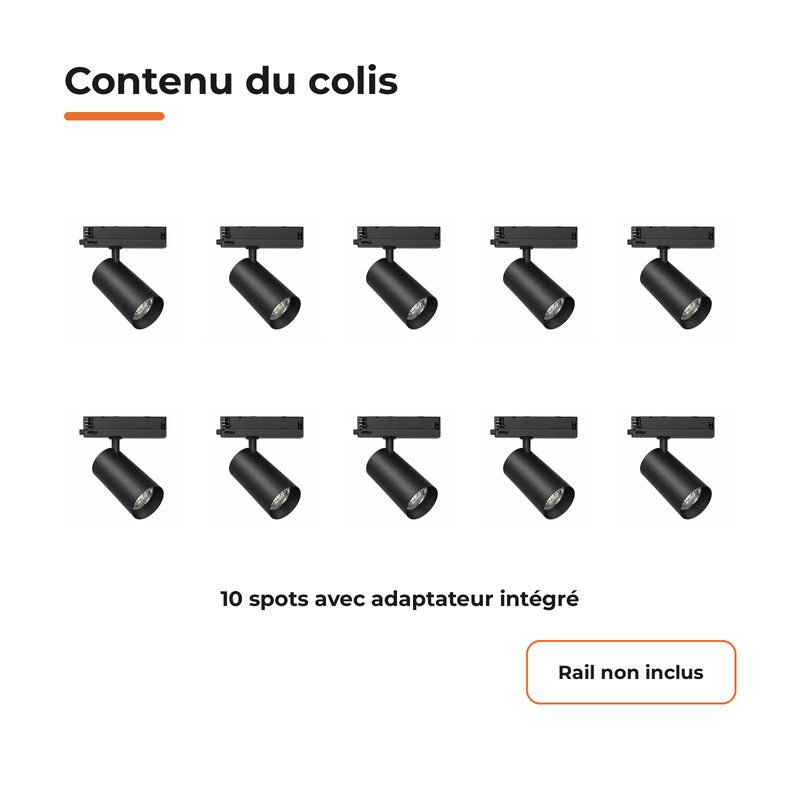 Pack de 10 - Spot LED sur Rail COB Triphasé 20W 36° Noir - Garantie 5 ans - Silamp France
