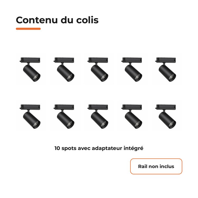 Pack de 10 - Spot LED sur Rail COB Triphasé 30W 36° Noir - Garantie 5 ans - Silamp France