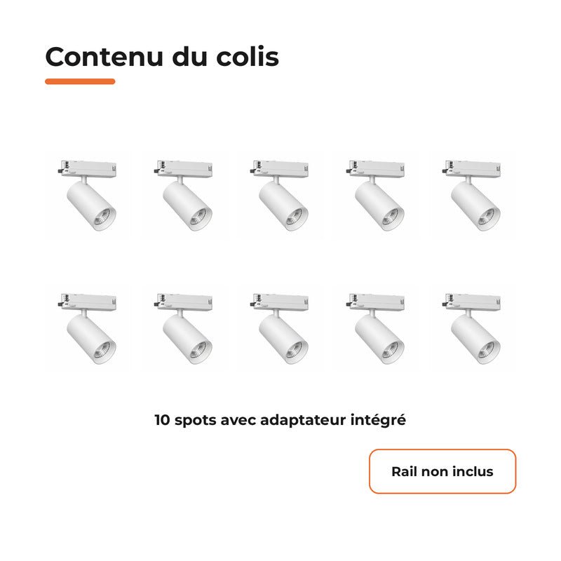 Pack de 10 - Spot LED sur Rail COB Triphasé 40W 36° Blanc - Garantie 5 ans - Silamp France
