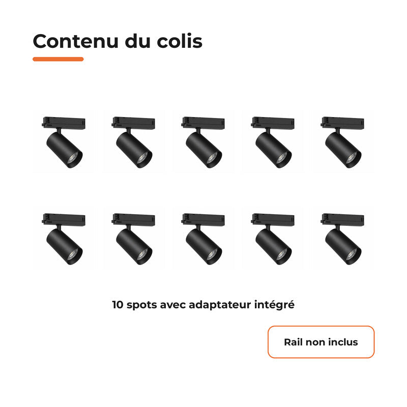 Pack de 10 - Spot LED sur Rail COB Triphasé 40W 36° Noir - Garantie 5 ans - Silamp France