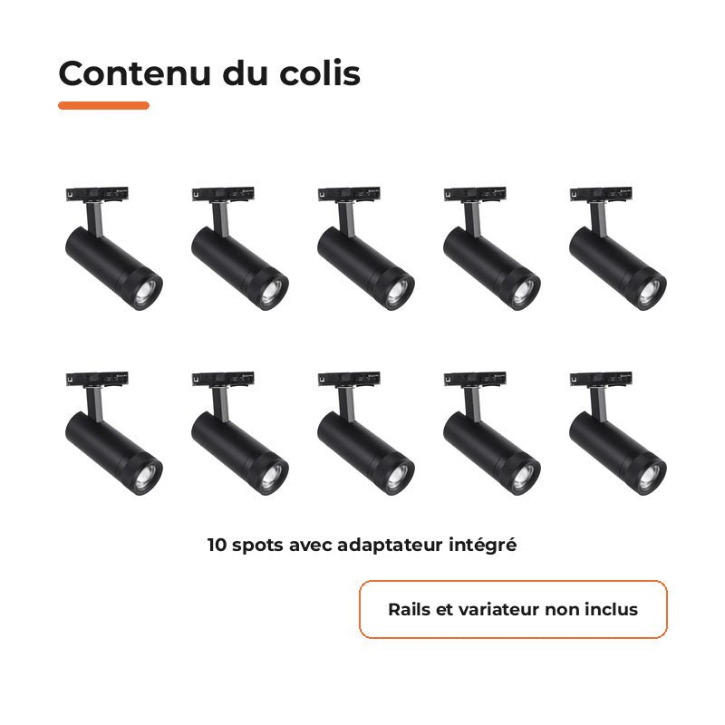 Pack de 10 - Spot LED sur Rail Noir Angle Ajustable Monophasé 30W 15-60° CCT TRIAC Dimmable - Silamp France