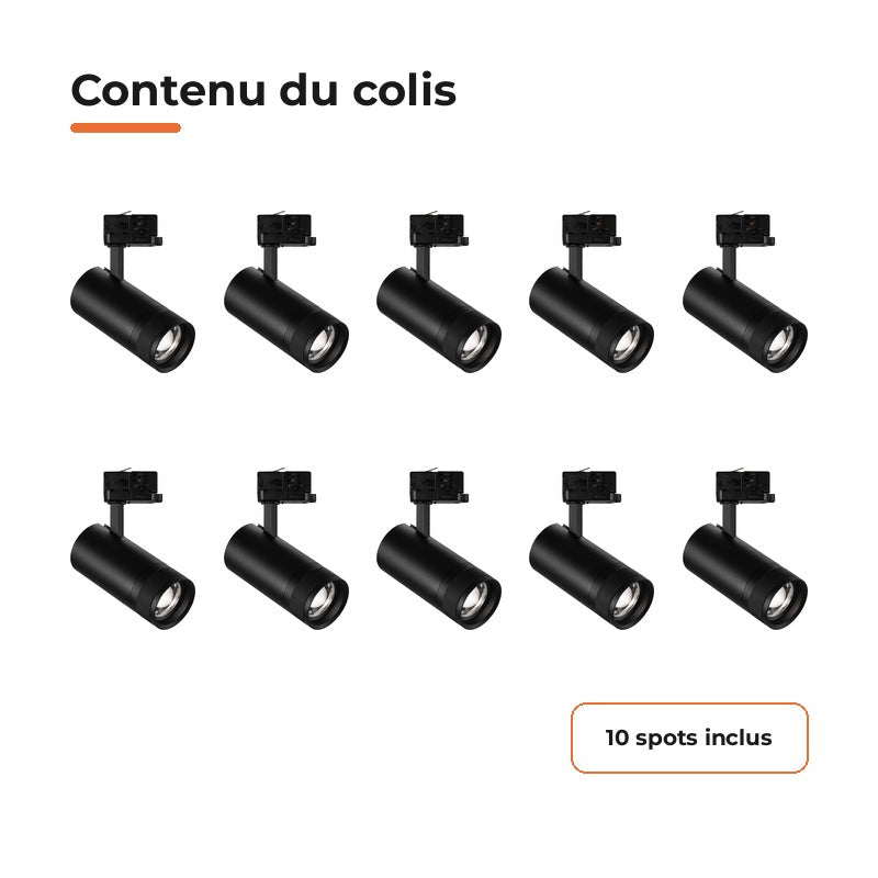 Pack de 10 - Spot LED sur Rail Noir Angle Ajustable Triphasé 30W 15-60° CCT TRIAC Dimmable - Silamp France