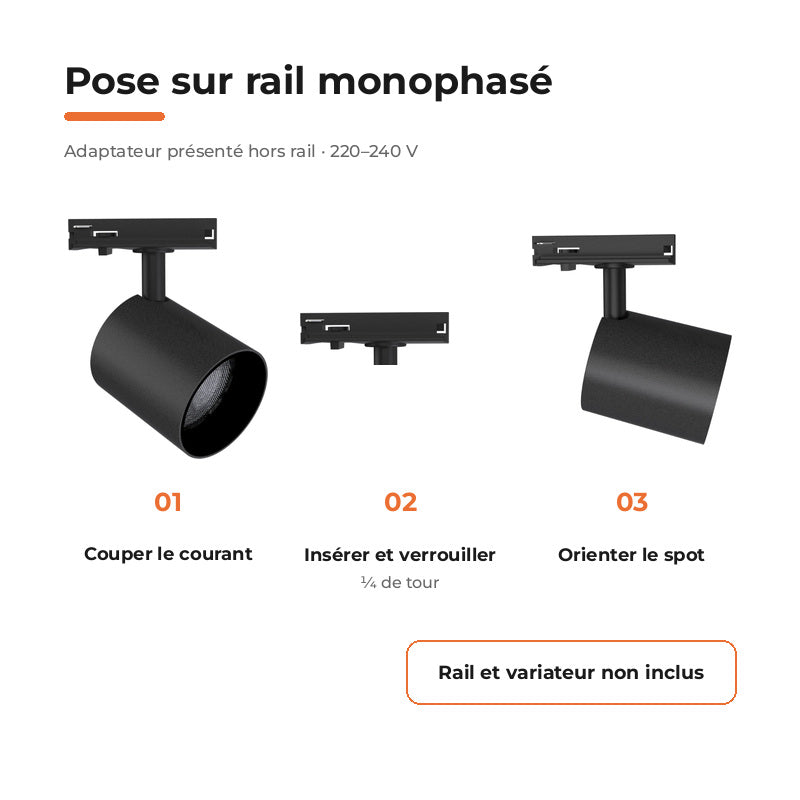 Pack de 10 - Spot LED sur Rail Noir Monophasé 24W 36° TRIAC Dimmable - Silamp France