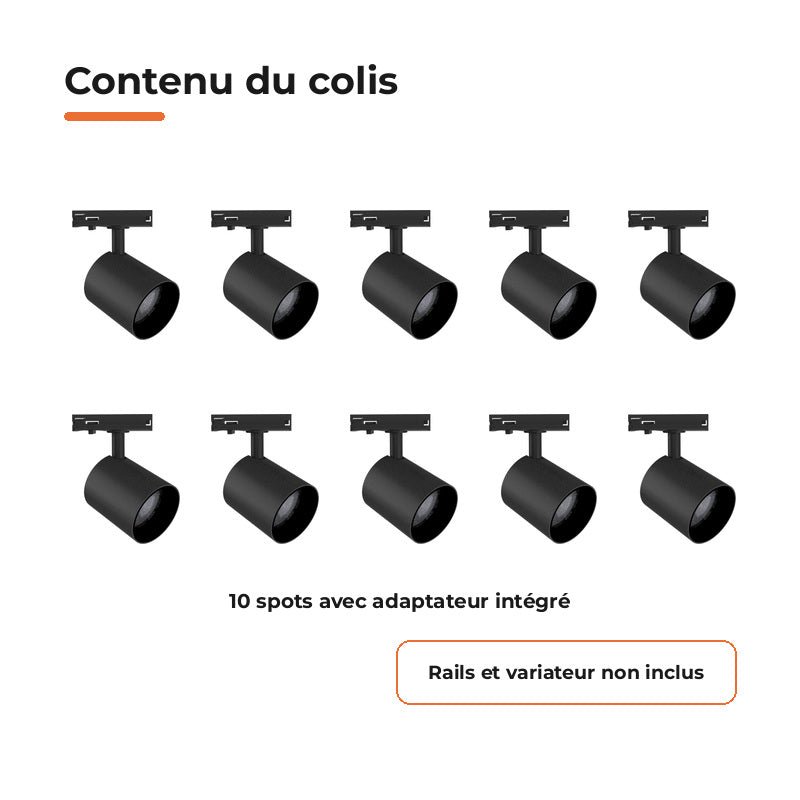 Pack de 10 - Spot LED sur Rail Noir Monophasé 24W 36° TRIAC Dimmable - Silamp France
