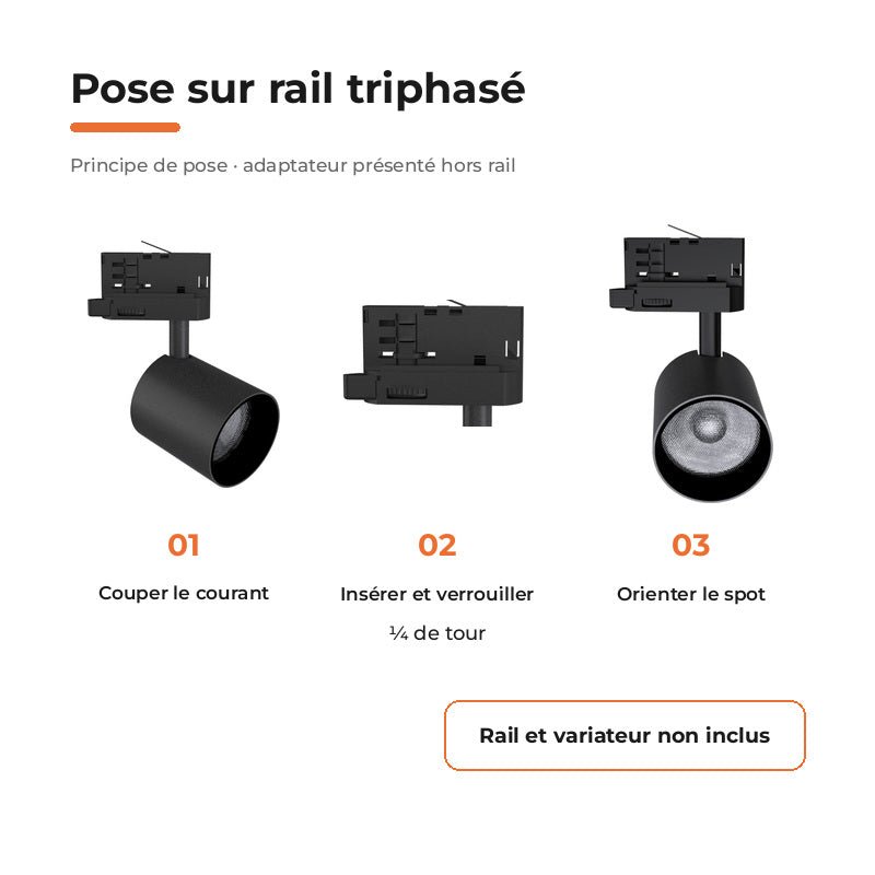 Pack de 10 - Spot LED sur Rail Noir Triphasé 24W 36° TRIAC Dimmable - Silamp France