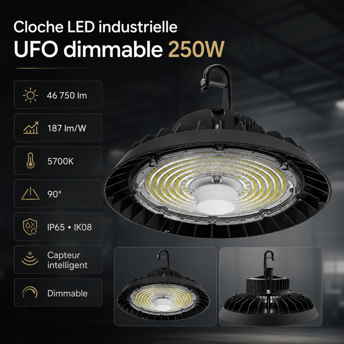 Pack de 6 - Suspension LED Industrielle UFO Dimmable 150W - 200W - 250W 187lm/W avec détecteur de mouvement - Garantie 5 ans - Silamp France