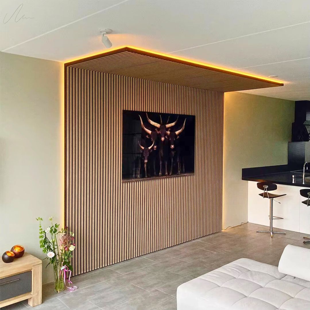 Panneau Acoustique Mural Tasseaux Chêne Blanc, Fond Noir - Échantillon 15x12 cm - Silamp France