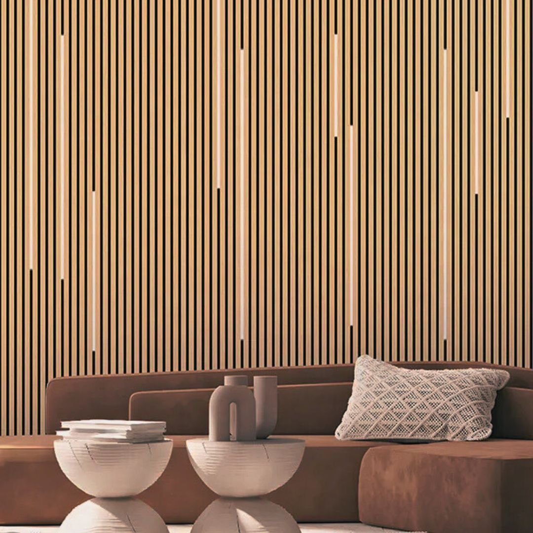 Panneau Acoustique Mural Tasseaux Noyer, Fond Noir - Échantillon 15x12 cm - Silamp France