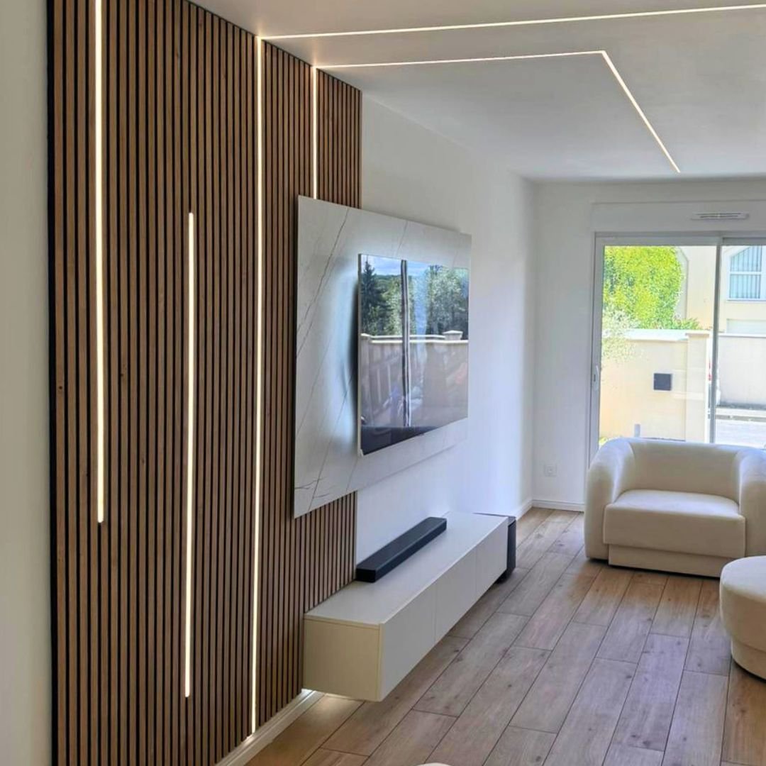 Panneau Acoustique Mural Tasseaux Noyer, Fond Noir - Échantillon 15x12 cm - Silamp France