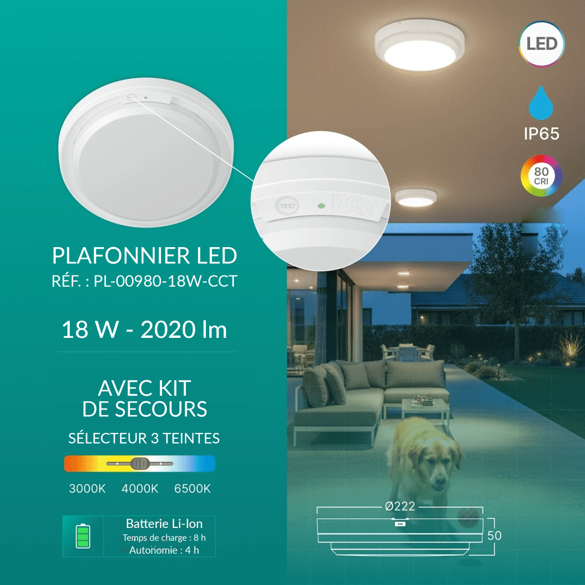 Plafonnier LED 18W IP54 CCT avec Kit de Secours - Silamp France