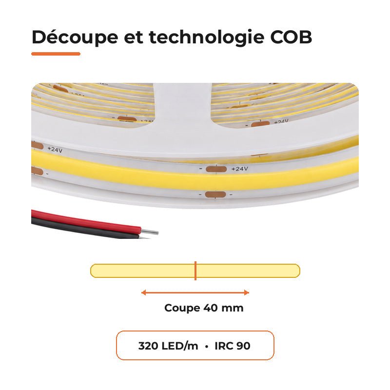 Ruban LED COB 10m 24V IP20 320LED/m 8.7W/M CRI90 - Silamp France