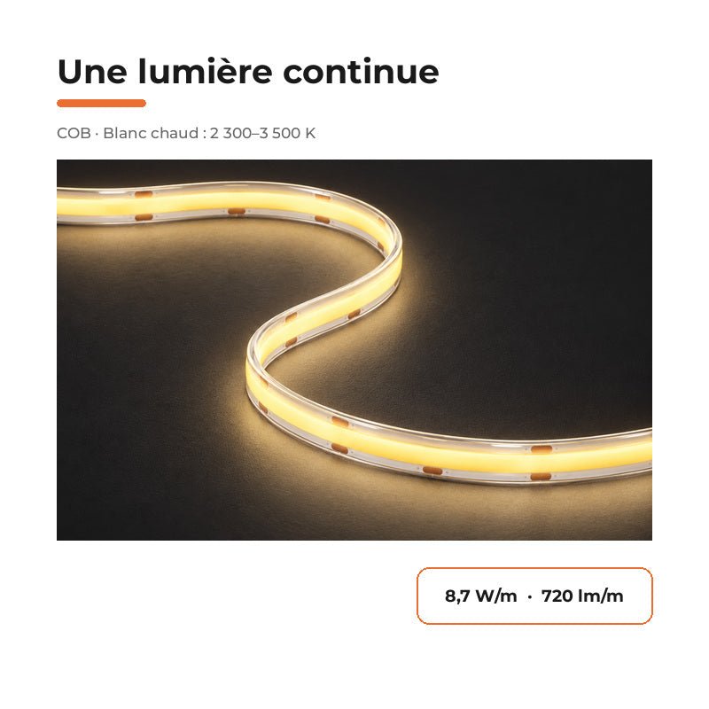 Ruban LED COB 10M 24V IP65 320LED/m 8.7W/m 10mm - Silamp France