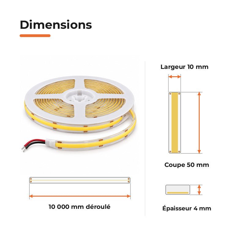 Ruban LED COB 10M 24V IP65 320LED/m 8.7W/m 10mm - Silamp France