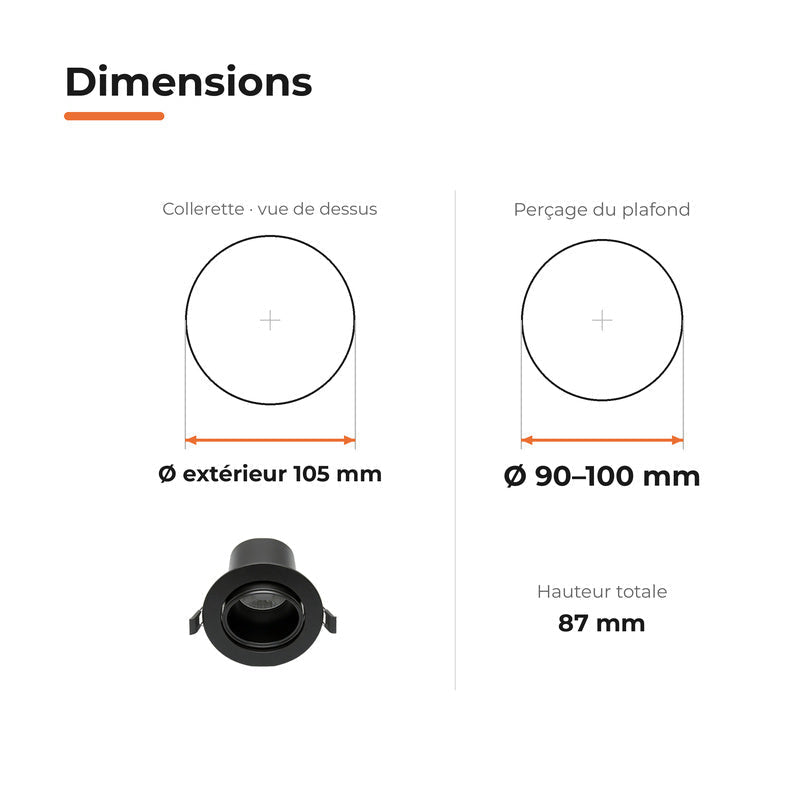 Spot Encastrable Orientable Anti-Éblouissement 8W ø105mm Dimmable CCT Noir - 3000K/4000K/5700K - Silamp France