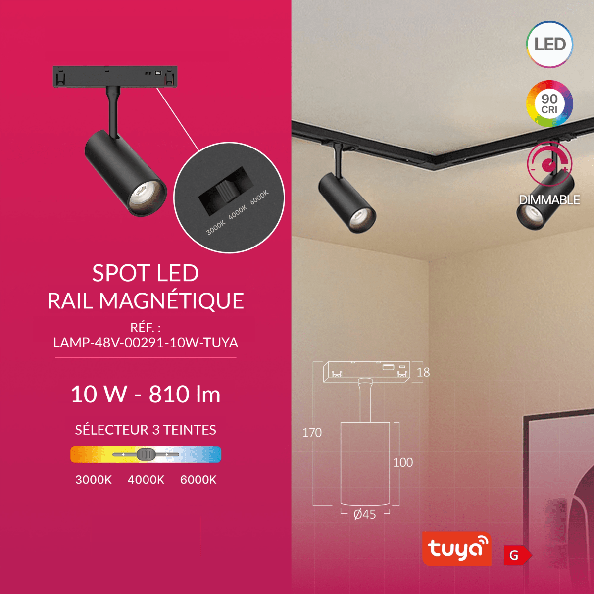 Spot LED Connecté Tuya 10W sur Rail Magnétique 48V Noir - Silamp France