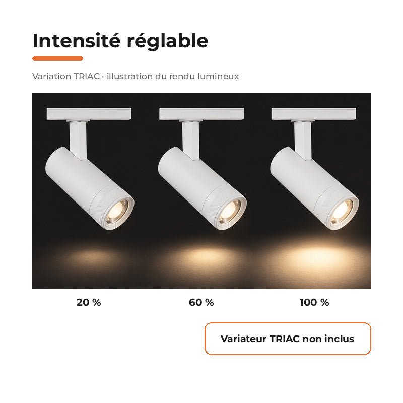 Spot LED sur Rail Blanc Angle Ajustable Monophasé 30W 15-60° CCT TRIAC Dimmable - 3000K/4000K/6000K - Silamp France