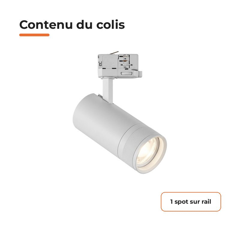 Spot LED sur Rail Blanc Angle Ajustable Triphasé 30W 15-60° CCT TRIAC Dimmable - 3000K/4000K/6000K - Silamp France